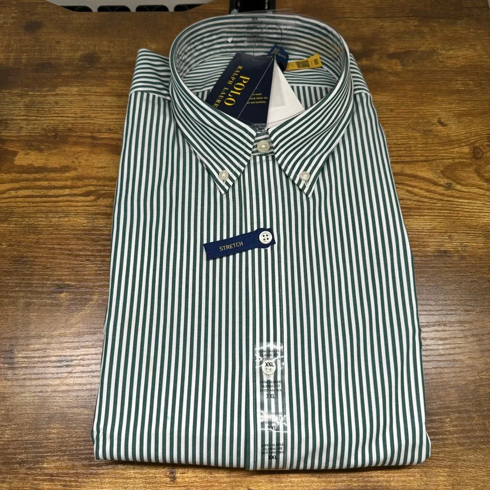 Polo Ralph Lauren Mens Classic Fit Stretch Shirt Green White Striped XXL New